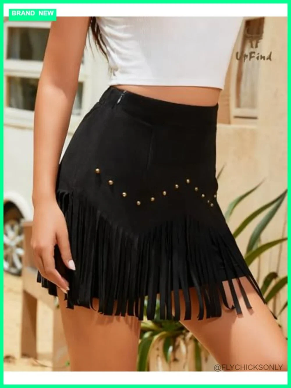 Faux Suede Fringe Mini Skirt High Waist Elastic Cowgirl Skirt with Rivets Zipper